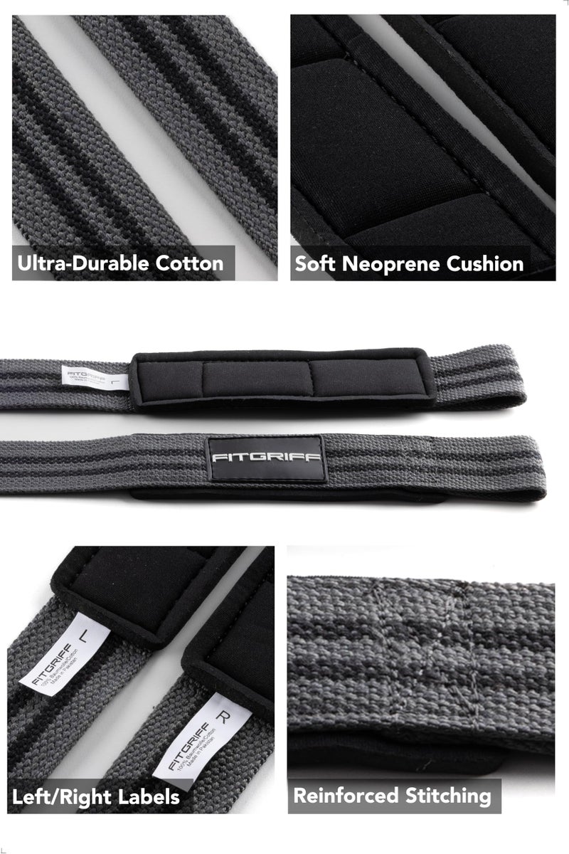 FitgriffÂ® Lifting Wrist Straps for Weightlifting, Gym, Deadlift, Workout (Made of Premium Cotton & Padded) - Men & Women (Standard, Grey) - Image 3